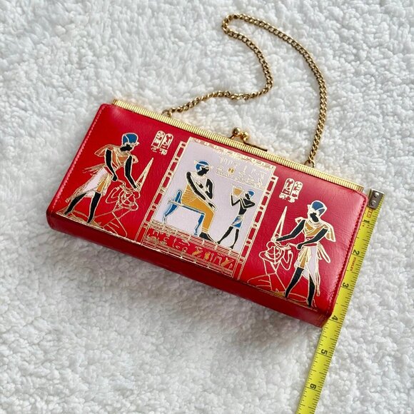Vntg Egyptian Camel Leather Pharaoh Art Clutch Red & Gold Kiss Lock Rare… - Picture 2 of 7